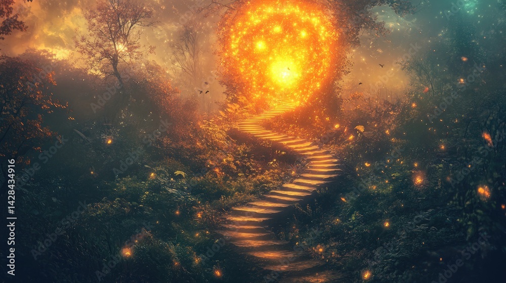 Naklejka premium Enchanted forest path to a fiery portal.