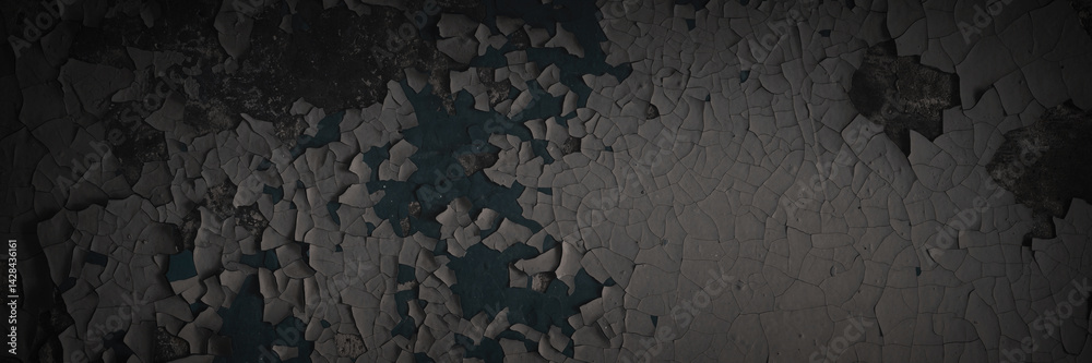 Dark wide panoramic background. Peeling paint on a concrete wall. Dark grunge texture of old cracked flaking paint. Weathered rough painted surface. Patterns of cracks. Darkness background for design.