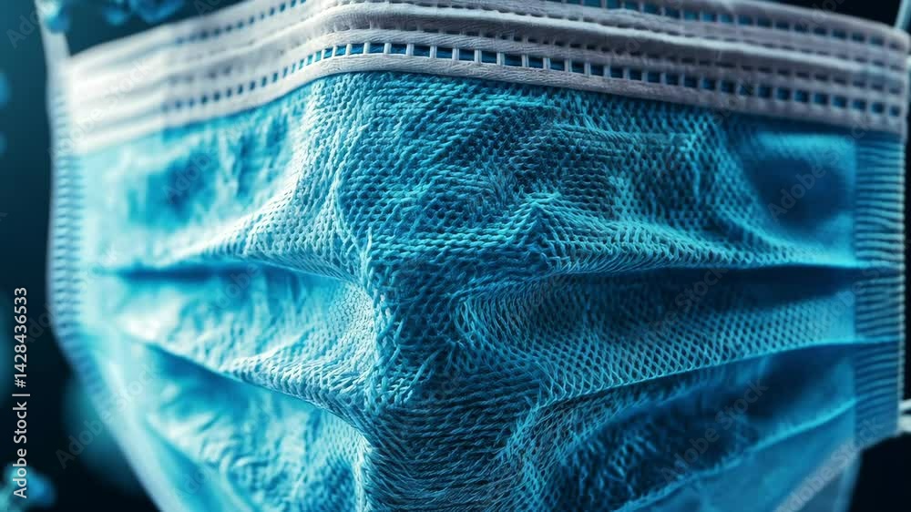 Close up of a blue medical mask with details on texture and background elements related to health and safety