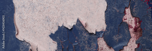 Obraz na płótnie Peeling paint on the wall. Panorama of a concrete wall with old cracked flaking paint. Weathered rough painted surface with patterns of cracks and peeling. Panoramic texture for background and design. w salonie