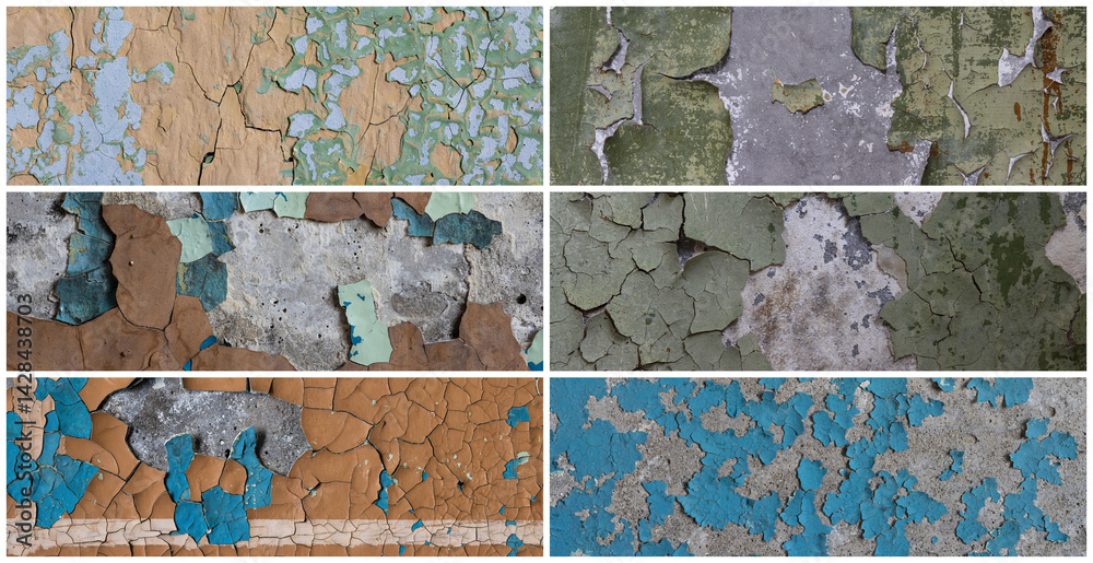 Set of peeling paint textures. Old concrete walls with cracked flaking paint. Weathered rough painted surfaces with patterns of cracks and peeling. Collection of panoramic backgrounds for design.
