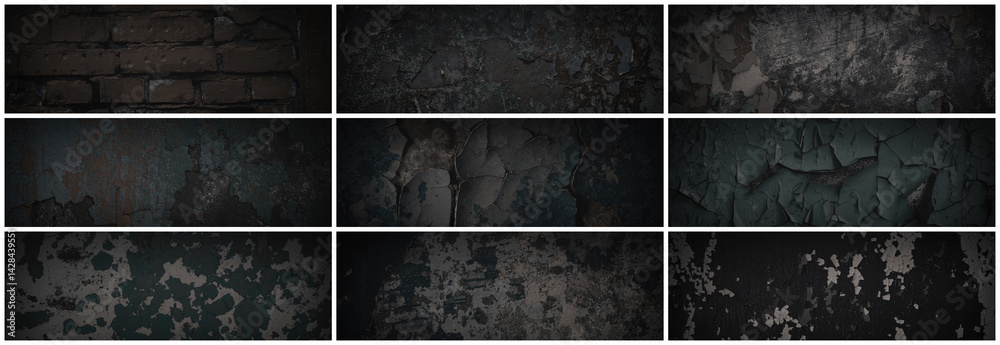 Set of dark panoramic background textures. Collection of wide textures with peeling paint, cracks, rust, scratches, noise and grain. Rough surfaces of old walls. Bundle of backgrounds for design.