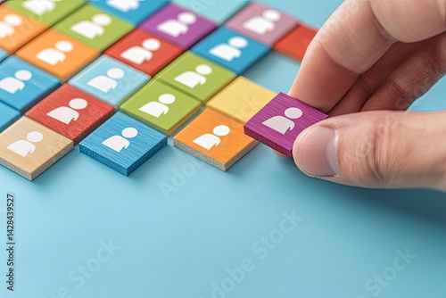Hand placing a colorful person icon block into a grid of similar blocks.