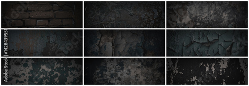 Obraz na płótnie Set of dark panoramic background textures. Collection of wide textures with peeling paint, cracks, rust, scratches, noise and grain. Rough surfaces of old walls. Bundle of backgrounds for design. w salonie