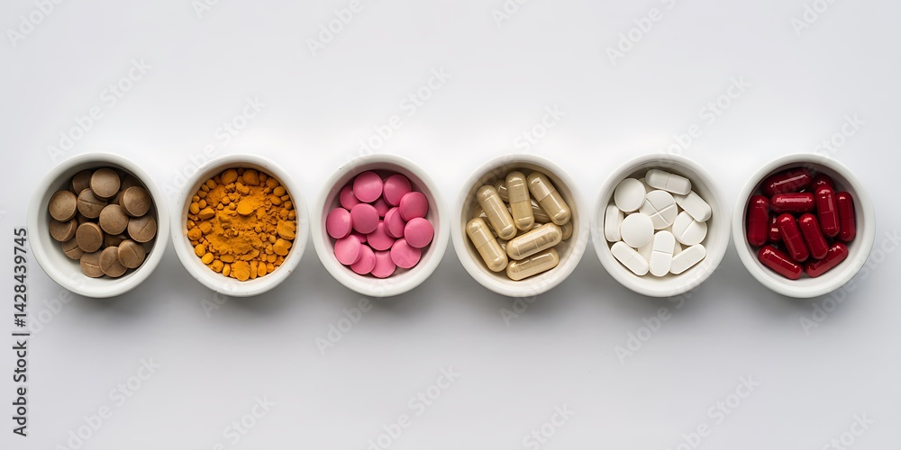 An array of colorful pills and capsules neatly arranged in small bowls, showcasing various medications and supplements An array of colorful pills and capsules neatly arranged in small bowls, showcasing various medications and supplements