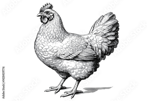 Chicken sketch. Vintage retro print, hand-drawn illustration chicken, high detail, engraving technique, detailed black and white ink drawing, chicken portrait. Side view profile. Illustration