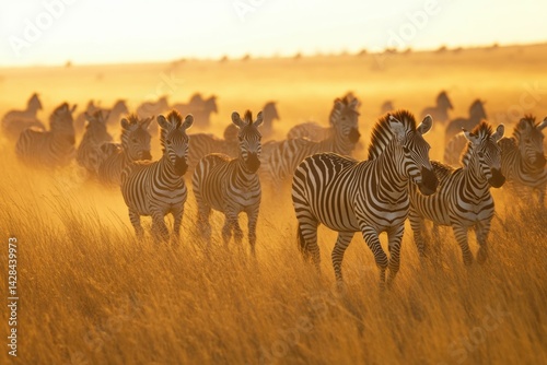 A herd of zebras gracefully strolls across the golden savanna at sunset, bathed in warm light.