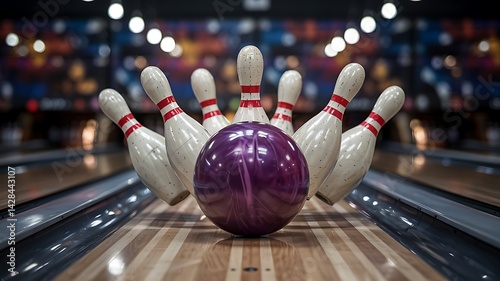 A purple bowling ball knocks down a few pins, leaving two standing, during a game of bowling in an indoor alley. The ball is in the middle of the frame, and the pins are scattered around it.