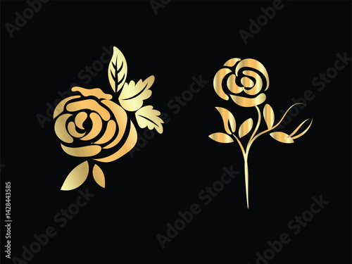 Elegant Gold Rose Designs on Black Background for Invitations