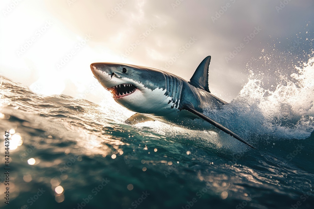 Naklejka premium A great white shark leaps from the ocean wave during sunset, showcasing its power and grace.