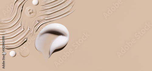 samples of cosmetic care products smear of cream gel texture on a beige background