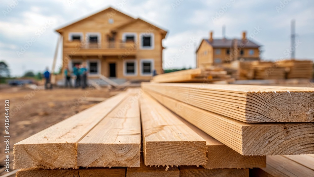Freshly cut lumber is stacked prominently in the foreground, while construction workers engage at a nearby building site. This scene captures the progress of new homes being built