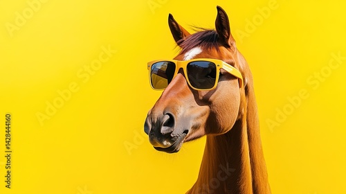 The brown horse wears sunglasses with yellow frames on a bright yellow background.