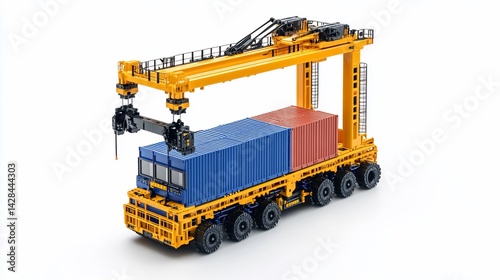 Straddle Carrier Lifting Shipping Containers at Port Terminal isolated