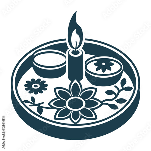 Puja Thali Vector Illustration classic - Puja Thali (Worship Plate) – A circular tray with a flame and flower