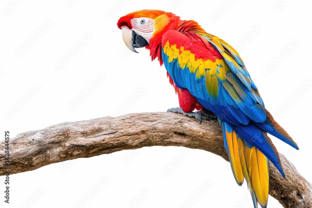 Obraz premium A vibrant scarlet macaw perches on a weathered branch, its plumage a stunning display of red, yellow, and blue.