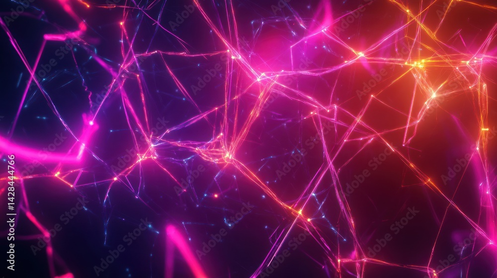 Fototapeta premium Luminous web of interconnected nodes radiating energetic light trails in darkness