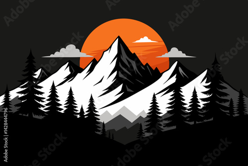 Mountain Sunset Silhouette: A striking silhouette of towering mountains against a vivid sunset, embodying serenity and the grand scale of nature.