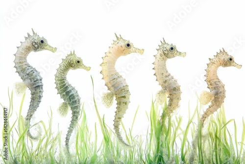 Four juvenile seahorses gracefully swim amidst vibrant green seagrass, showcasing their delicate beauty.