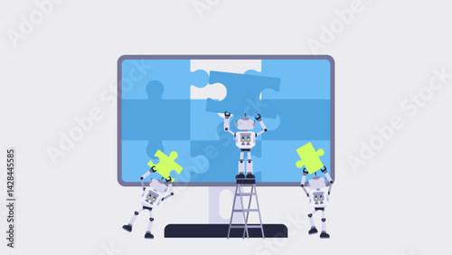 Artificial Intelligence And Teamwork Concept. Robots are assembling a puzzle showing how artificial intelligence works