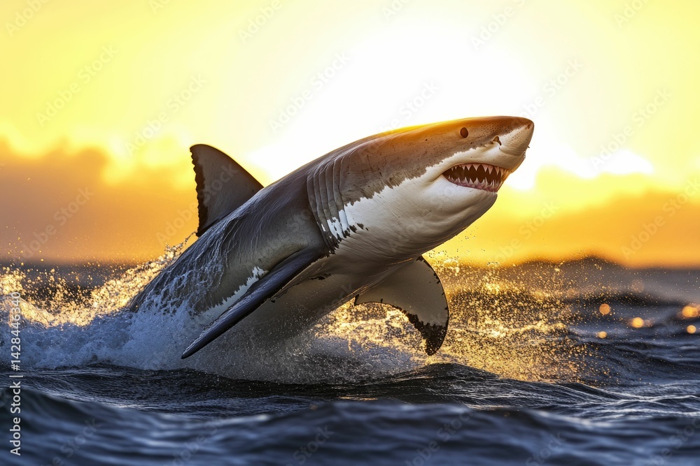 Fototapeta premium A great white shark breaches the ocean surface at sunset, creating a dramatic and awe-inspiring scene.