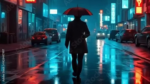 A silhouette of a person walking through a rainy city street illuminated by colorful lights.