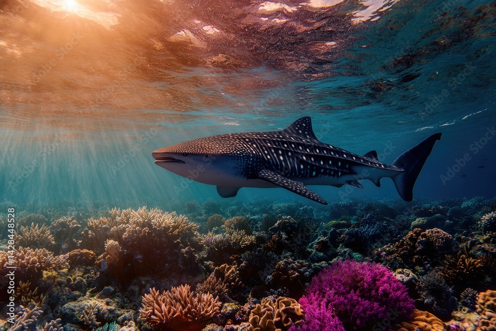 Fototapeta premium A whale shark gracefully swims over a vibrant coral reef in sunlit ocean water.