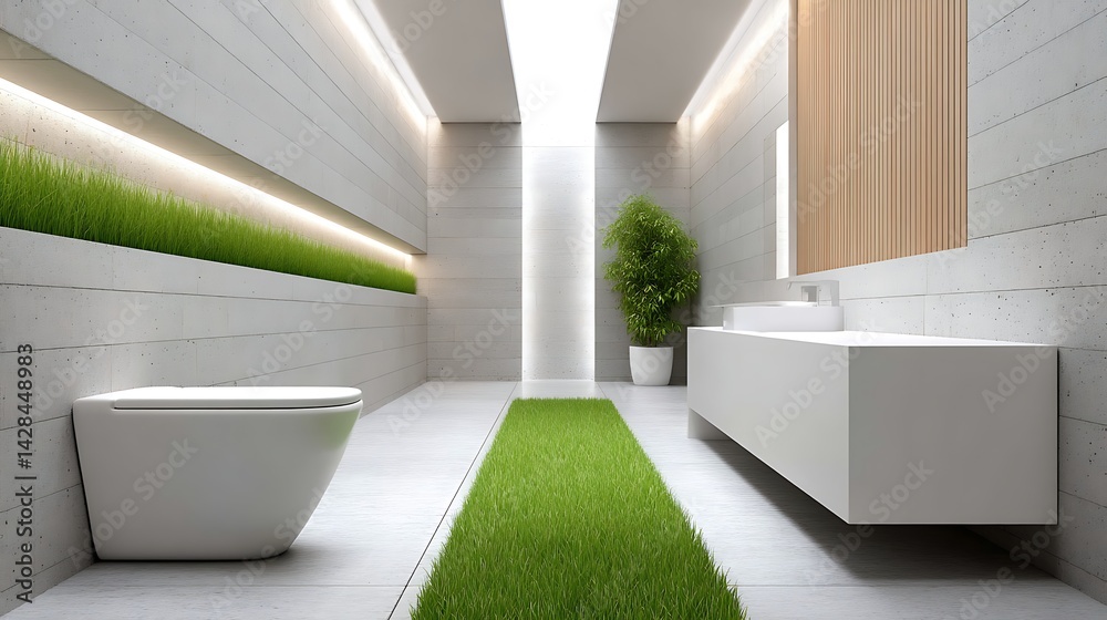 Fototapeta premium Minimalist Clean White Toilet Design with Grass Accent in Modern Space