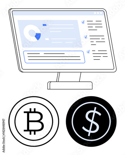 Desktop screen displaying analytics chart and checklist diagram alongside Bitcoin and dollar icons. Ideal for cryptocurrency, finance, investment, market trends, fintech, currency exchange