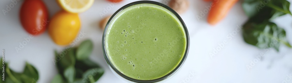 Rejuvenation Through Detox and Nutrient-Rich Wellness Choices, Fresh green smoothie surrounded by vibrant vegetables and fruits, showcasing healthy lifestyle choices.