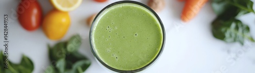 Rejuvenation Through Detox and Nutrient-Rich Wellness Choices, Fresh green smoothie surrounded by vibrant vegetables and fruits, showcasing healthy lifestyle choices.