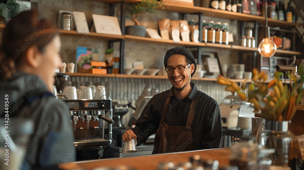 Cheerful barista wearing apron and beanie standing behind counter in coffee shop, holding pitcher, looking at customer and smiling