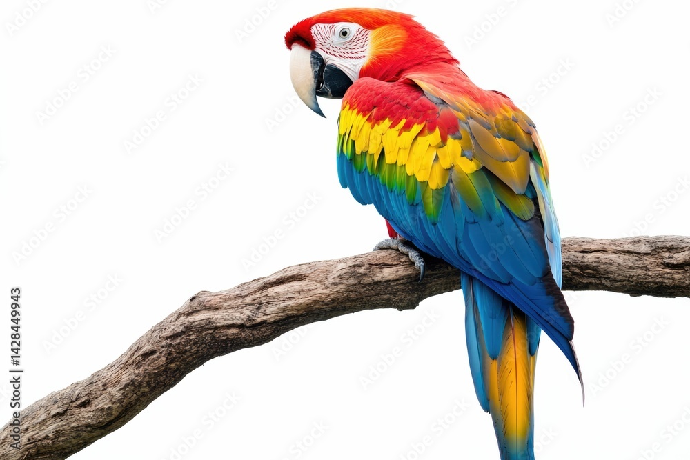 Fototapeta premium A vibrant scarlet macaw perches gracefully on a weathered branch against a stark white background.
