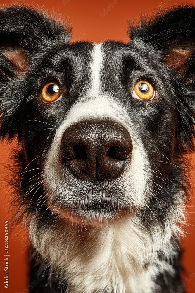 Fototapeta premium A black and white border collie with bright golden eyes poses in front of a vivid orange backdrop. The dog's fur is well-groomed, highlighting its lively expression and playful demeanor