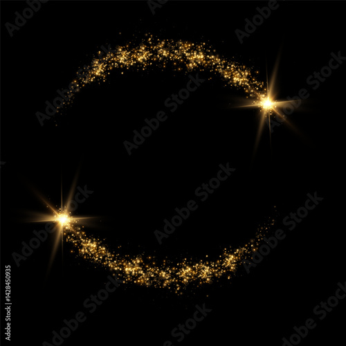 Golden light circle with sparkles, vector magic glow effect. Realistic gold glitter ring or curl, round flash trail frame with glitter dust, golden fairy pollen isolated on transparent background.