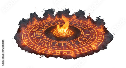 Round Mystical Gateway with Glowing Runes and Fire