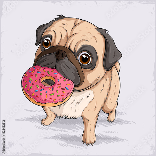 Hand drawn cute little dog breed fawn pug walking and eating tasty pink donut, wrinkly, short-muzzled face, and curled tail puppy