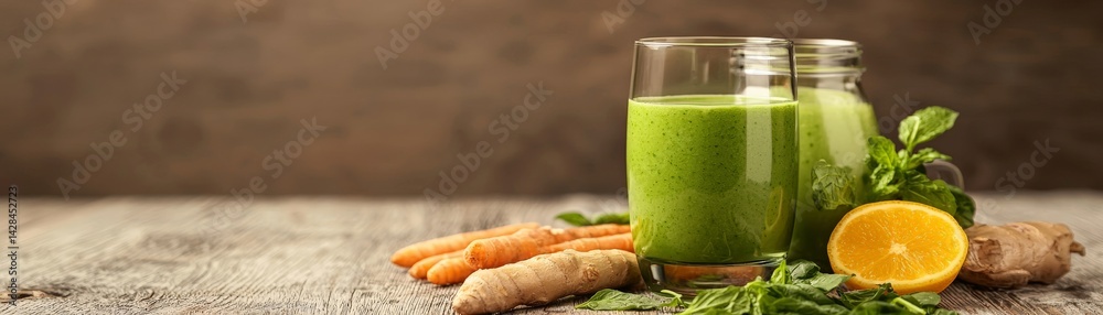 Rejuvenation Through Detox and Nutrient-Rich Wellness Choices, Fresh green smoothies with carrots and oranges on a rustic wooden surface.
