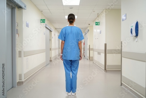 Back view of nurce standing in the hospital corridors photo
