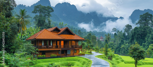 Wooden house nestled in a lush green valley with misty mountains in the background. Lush vegetation, rice paddies, and a winding road lead to the house.