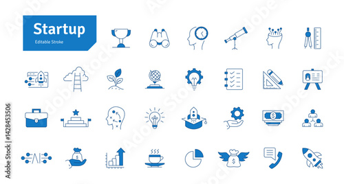 Startup Blue Line Icons Set. Funding, Planning, Strategy, Launch, Marketing, Growth, Ideas, Technology, Creativity Icons Editable Stroke Vector Illustration