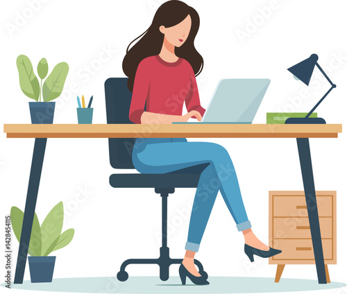 Young woman working at laptop editable vector, no background. Comfortable workspace, remote work, vacancy, assistant, manager.