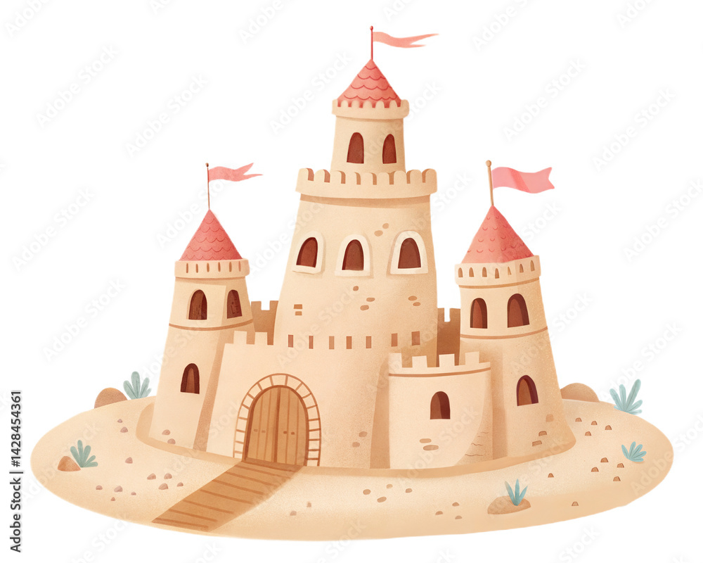 Fototapeta premium Sandcastle illustration with towers and flags in soft colors 