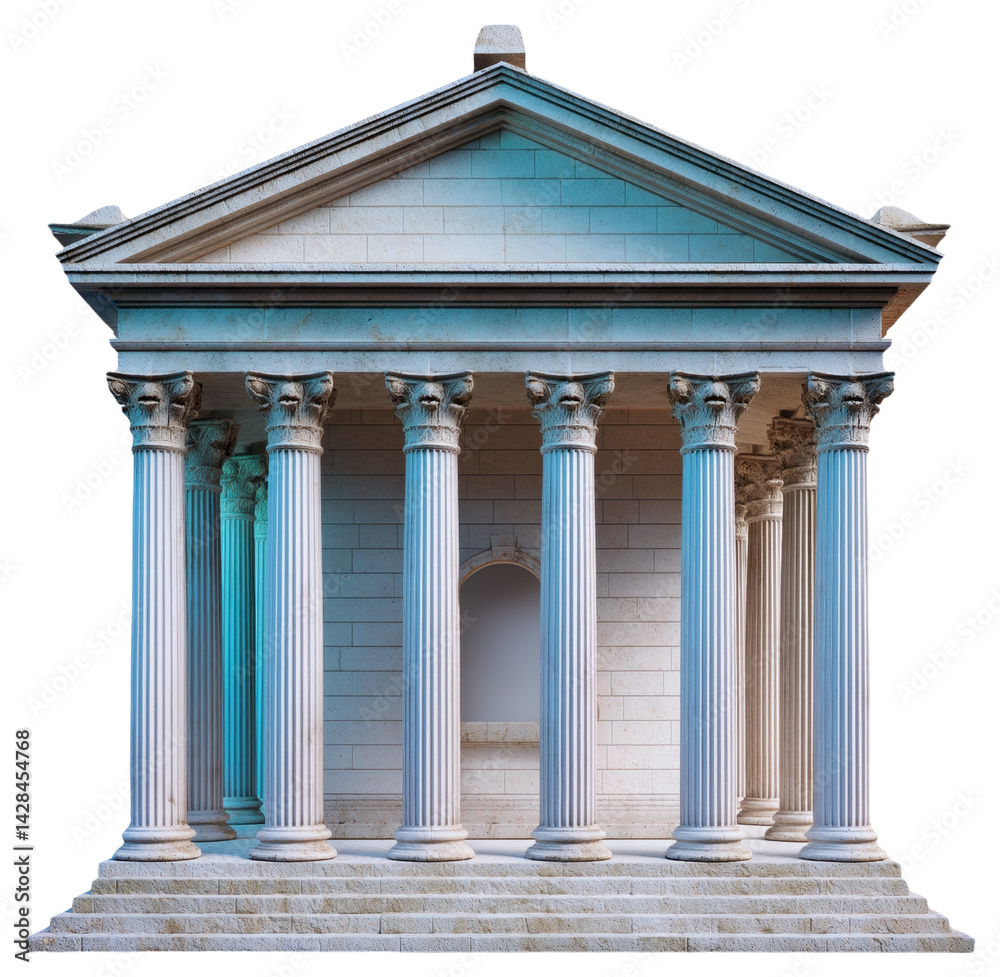 Obraz premium Classical Greek-style temple facade with stone columns and triangular pediment.