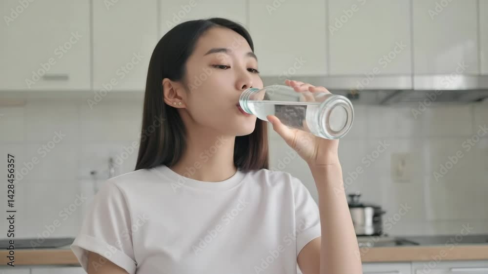 Asian Woman Drinking a Glass of Water in the Kitchen Asian Woman Drinking a Glass of Water in the Kitchen