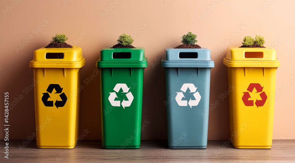 Color-coded recycling bins for waste separation on a minimal pastel background with copy space for text