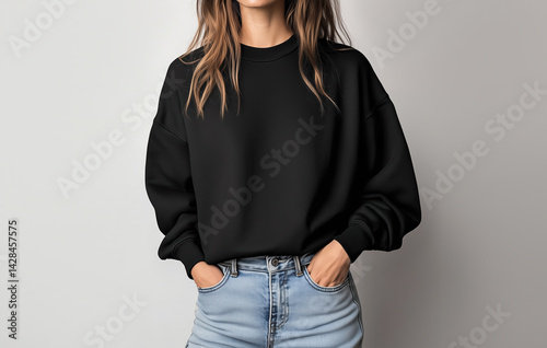 Sweat shirt hoodie mockup. Person standing, wearing hoodie. Blouse empty area for design. Fashion mockup, casual outfit, sweat shirt hoodie. Sweat shirt clear space for print design, mock up