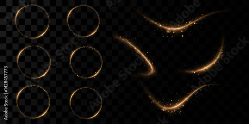 A sparkling whirlwind with a flash of shine. Sparkling trail. Swirl gold neon wavy. The effect of glowing spiral lines. Curved linear light. Rotating shining waves of speed.