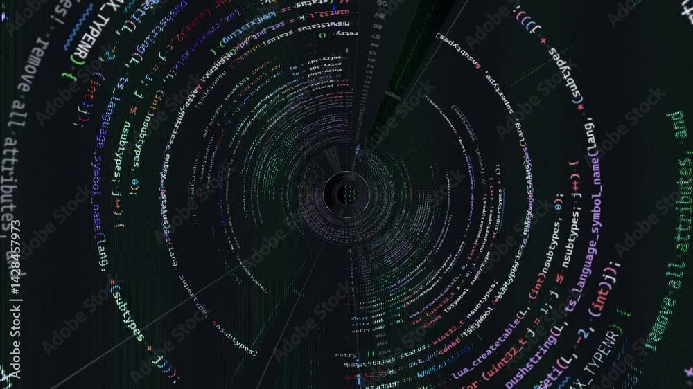coding vortex in a black hole, hacking code in a 3d wormhole animation, black background