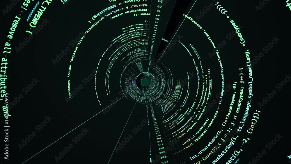 green hacker code funnel, 3d wormhole animation vortex on black background